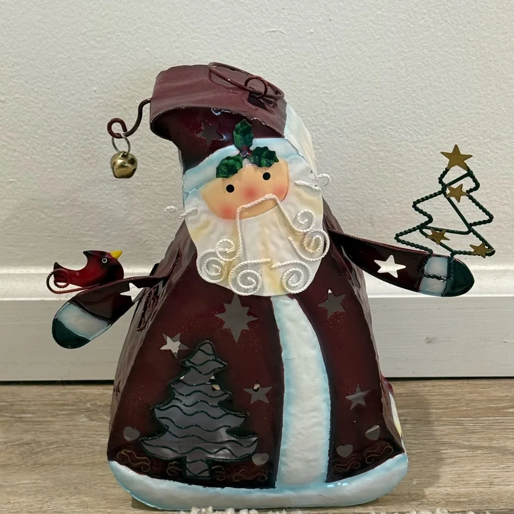 New Kohls Metal Santa Tealight Candle Holder Red Cardinal Star Cutouts